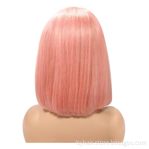 Lsy natural hairline middle part ombre pink bob wig 100% human hair,  best quality glueless bob wigs color rose gold lace wig